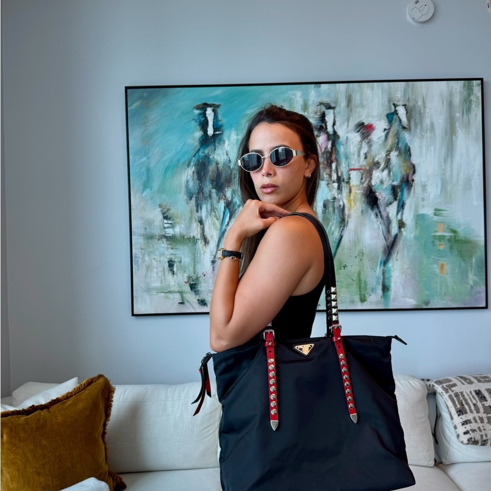 Prada Vela Studded Nylon Black and Red Convertible Tote Bag - Picture 4 of 16